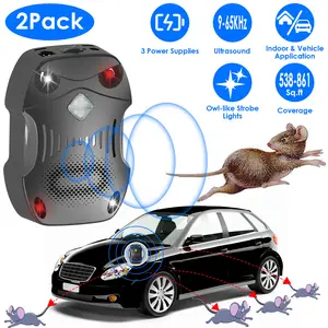 2 Packs Under Hood Ultrasonic Rodent Repeller Rodent Control Deterrent Chaser Blocker With Strobe Light, 3 Power Supplies