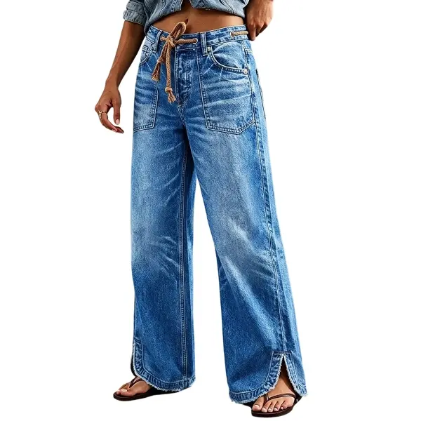 Flamingals Drawstring Raw Hem Split Mid Waist Wide Leg Jeans Womenswear Stretchy 29.5" Inseam