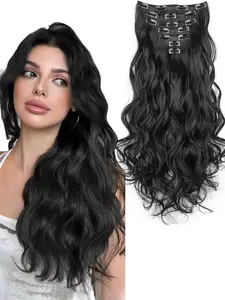 7-Piece Hair Extension Set, 18-Inch Long Wavy Curly Synthetic Clips, Multi-Style Party Hair Extensions, Thick Wave Hair Pieces for Women, Synthetic Hairpiece