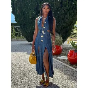 Women’s fashionable sleeveless denim dress with an open waist design, split hem, and metal buttons—elegant yet casual summer fashion