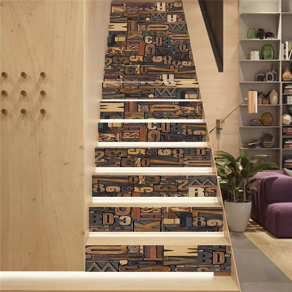 Wood Grain Stair Sticker, 13pcs/set Waterproof Self-adhesive Wall Sticker, Removable Wall Decal for Home Stair Decor