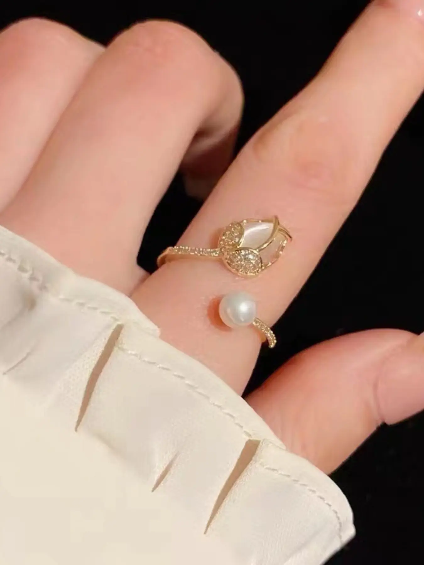 Jasmine Pearl Ring for Women, Luxury Adjustable Open Design, Unique High-End Jewelry, Fashionable Accessory