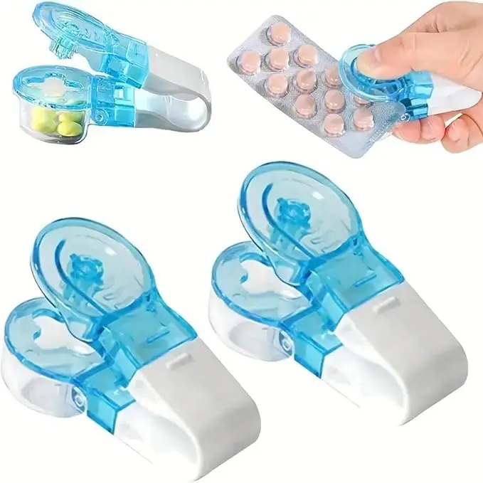 2 Pcs Blue Portable Pill Taker Remover, Pill Remover, Blister Pack Opener Popper Assistance No Contact Easy to Take Out Portable Travel Tablet Dispenser Pills Extractor Tool Medication Aids