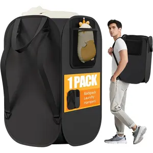 Collapsible Backpack Laundry Bag Made by Cloth, 76L Large Hamper with Shoulder Strap, Foldable Basket with Mesh for College, Travel, Apartment