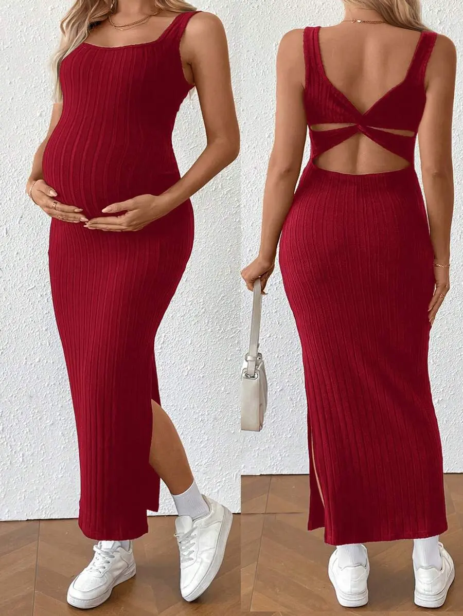 Bumpie x  Pregnant Women Summer Casual Solid Color Twist Back Sleeveless Bodycon Dress Maternity Dress