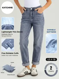 Katch Me Chic Women's Classic Lightweight Mid-Rise Tapered Jeans, Durable Thin Denim Trousers for Spring & Summer Daily Outfits, Wrinkle-Resistant Roll Cuff Stretch Women's Bottoms