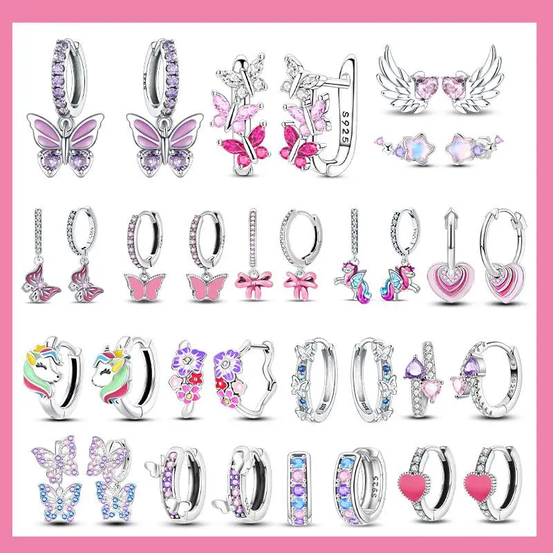 Pink Series 925 Sterling Silver Romantic Flower Butterfly Unicorn Tulip Geometry Earrings Boutique Fine Jewelry Gifts for Women