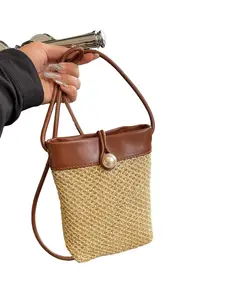 Pearl Buckle Woven Bucket Bag, Colorblock Leather Shoulder Bag, Vacation Style Knit Crossbody Bag, Straw Weave Phone Bag, Mini Open Closure, Crossbody Shoulder Purses, Fashionable Patterned Bag