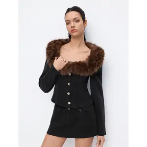 Cider Stretch Denim Faux Fur Trim Scoop Neckline Long Sleeve Jacket