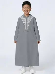 Muslim Boy Prayer Robe Light Hooded Geometric Thobe, Modesty, Simple Texture, Ritualistic Feel, Boys' Islamic Clothing, Kids Clothing