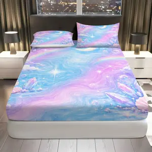 3Pcs Dreamy Galaxy Crystal Fitted Sheet Three Piece Set (1*Fitted Sheet+2*Pillowcases, Coreless), Celestial theme, Stars Clouds Crystals Bedding Set, Mattress protector Soft, Breathable