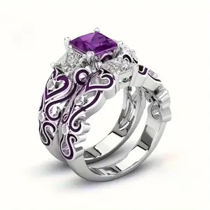 2-Piece Fashion Purple Zircon Couple Ring Set - Perfect for Wedding, Anniversary & Valentine's Day Gifting