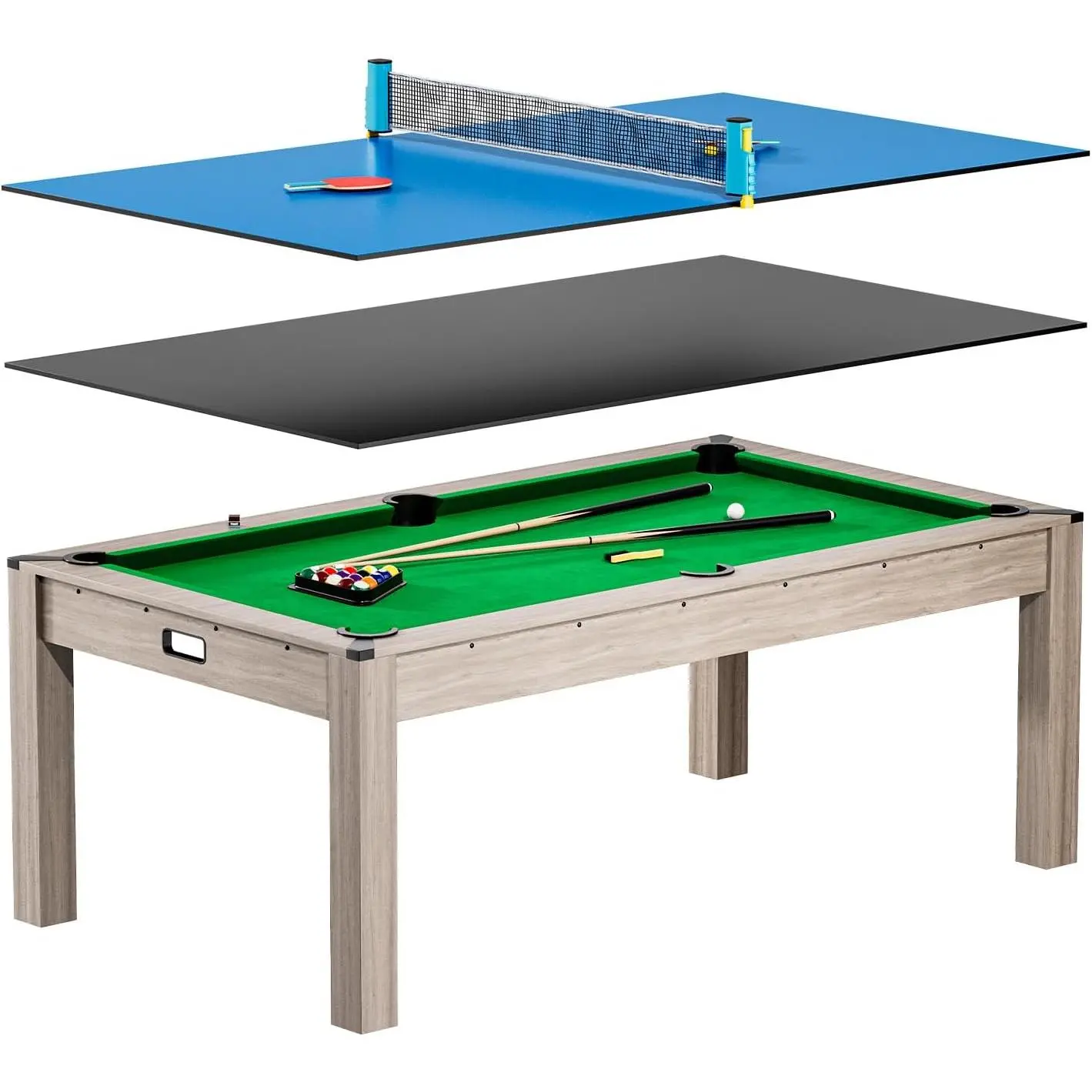 3-in-1 Pool Table,7FT Dining Table & Table Tennis Combo, Convertible Billiard Table Includes Balls, Cues & Ping Pong Set for Game Room