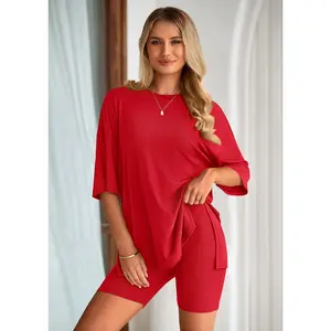 Women's Two Piece Lounge Set Summer Casual Oversized Shirts Biker Shorts Matching Airport Travel Outfit