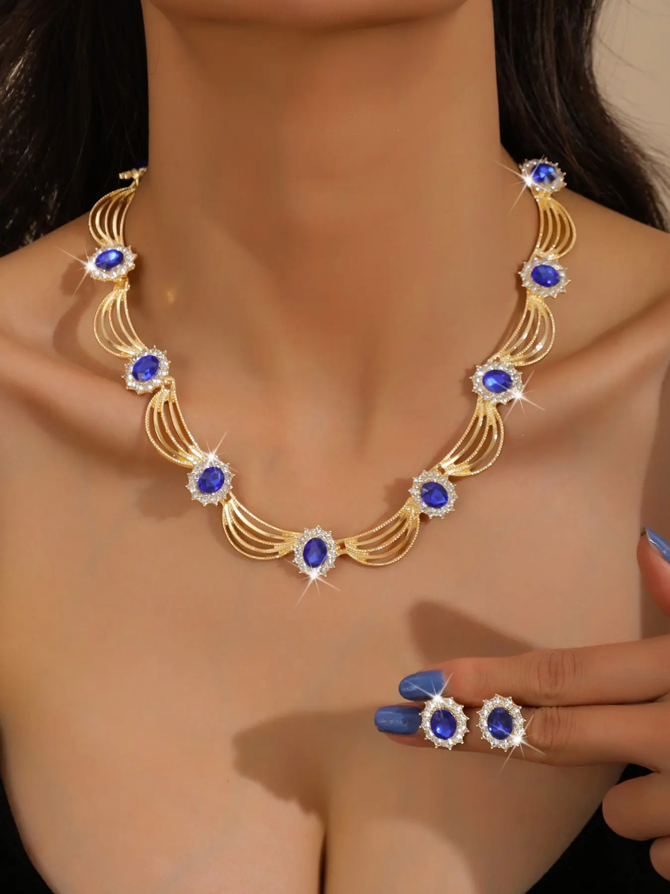 Luxurious Blue Diamond Necklace Earrings Set, Full Drill Feather Design Bridal Evening Jewelry, Elegant Jewelry Set, Wedding Dress Accessories, Jewelry Sets, Bride Jewelry Set For Wedding Day