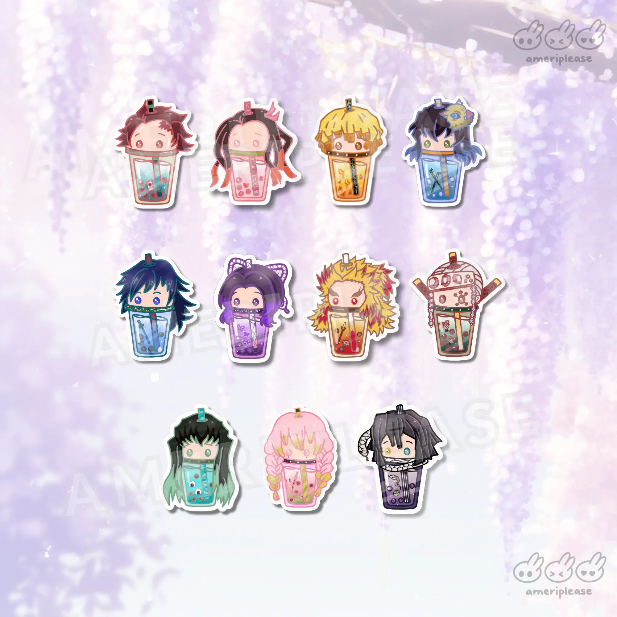 Cute Demon Slayer Breathing Anime Boba Drink Sticker | Chibi Sticker Set | Kawaii Gift for Her Him | Laptop Water Bottle Car Bumper Plastic Sticker Decal Waterproof Switch Decor Decorative Smooth weatherproof stickers