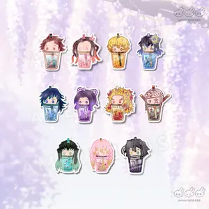 Cute Demon Slayer Breathing Anime Boba Drink Sticker | Chibi Sticker Set | Kawaii Gift for Her Him | Laptop Water Bottle Car Bumper Plastic Sticker Decal Waterproof Switch Decor Decorative Smooth weatherproof stickers