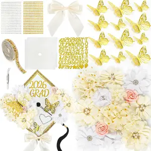 Graduation Cap Decorations Kit 2026 DIY Cap Decorations 36PCS Included Fake Flowers Heads Bow 3D Butterfly Self Adhesive Rhinestones Stickers Alphabet Letter Stickers for Grad Party Decor, White
