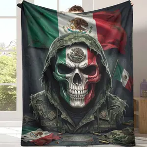 Mexican Army Camouflage Flannel Blanket Military Flag Print Design with Vintage Patriotic Elements Soft Warm Durable Fabric for Bedroom Living Room Sofa Decor Travel Camping Gift Home Comfort summerwins