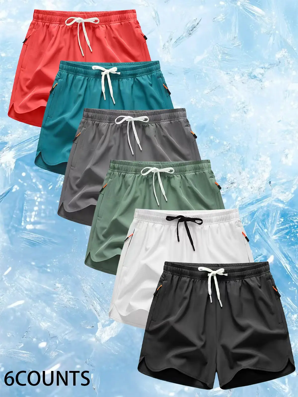 6-pack men's summer solid color shorts with adjustable drawstring waistband, side pockets with zippers, solid color design, simple and versatile, suitable for summer outdoor and indoor wear, breathable and quick-drying, casual and comfortable SpringStatem
