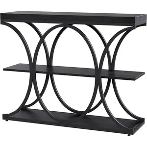 39" 3-Tier Farmhouse Narrow Console Table - Engineered Wood with Metal Geometric Legs & Open Storage Shelves, Versatile Sofa Accent Table for Living Room, Hallway, Foyer