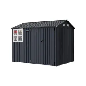 10x12FT Metal Storage Shed with Sloped Roof, Lockable Doors, Solar Light, Windows & Vents – Outdoor Shed for Garden, Backyard, Patio Tools & Equipment, Galvanized Steel, Weatherproof