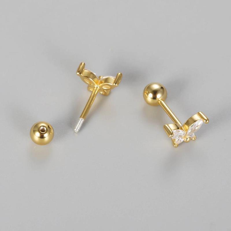 925 Sterling Silver 18K Gold CZ Butterfly Screw Back Stud Earrings for Women Cartilage Tragus Earlobe Conch Piercing Jewelry