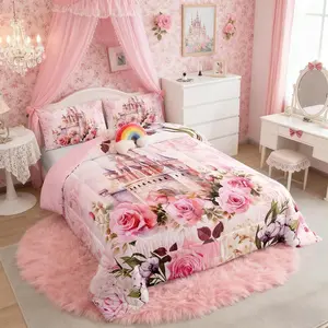 Girls Castle Comforter Set,Dreamy Princess Castle Bedding Pink Rose Flowers Bedroom Decor Butterfly Floral Comforter Toddler Quilted Duvet Set,1 Comforter
