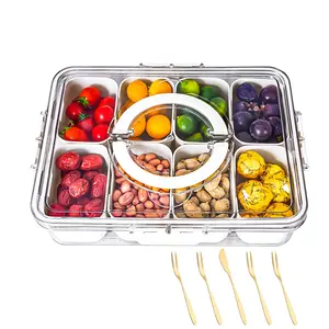 Divided Serving Tray with Lid and Handle and Cutlery - Snackle Box Charcuterie Container for Portable Snack Platters - Clear Organizer