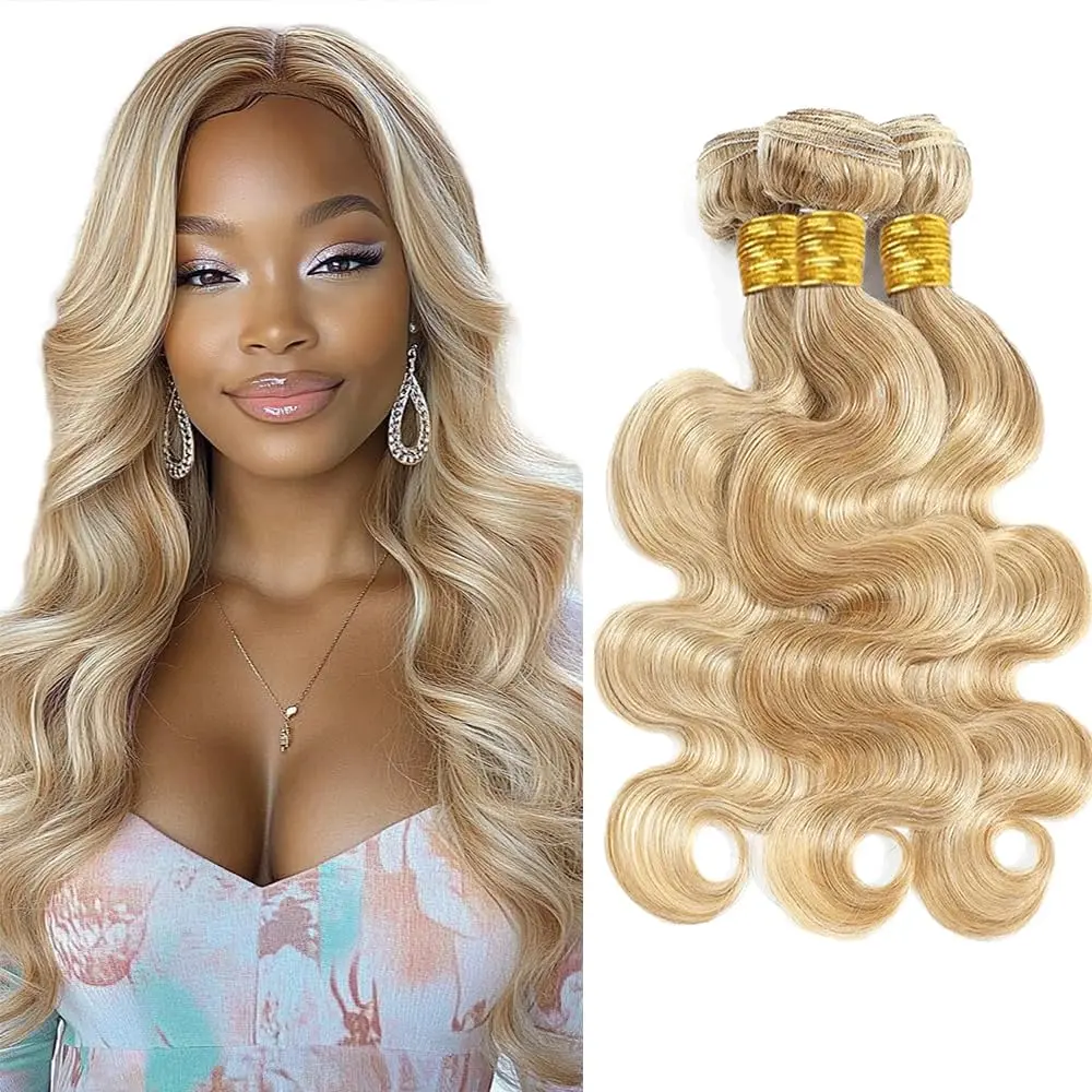 Honey Blonde Human Hair Bundles Blonde Highlight Body Wave Bundles 613 Human Hair Bundle Unprocessed Brazilian Virgin Remy Hair Extensions 12 14 16 Inch