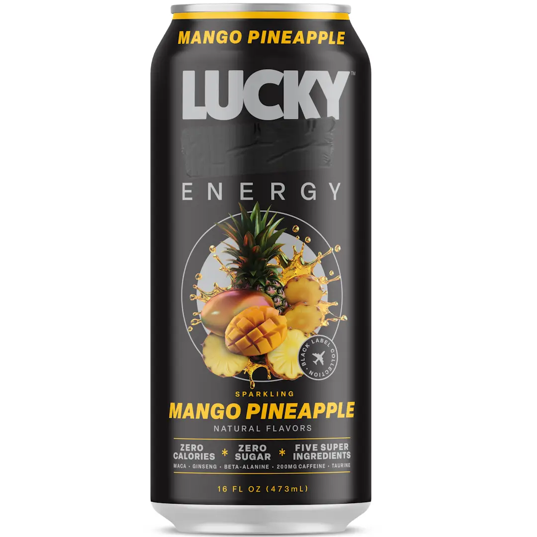 Lucky Energy - Mango Pineapple - Zero Sugar Energy Drink - 16oz Cans - 200mg Caffeine with Maca Ginseng Beta Alanine & Taurine - 12-Pack - Vegan Glute