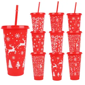 10/20pcs Christmas Plastic Water Cup With Lid, Straw Cup, Holiday Party Cup - 24oz Reusable Plastic Hot And Cold Drink Cup With Santa Claus, Reindeer, Christmas Tree, Snowflake, 710ml Large Capacity Easy To Carry new tumbler cute bottle