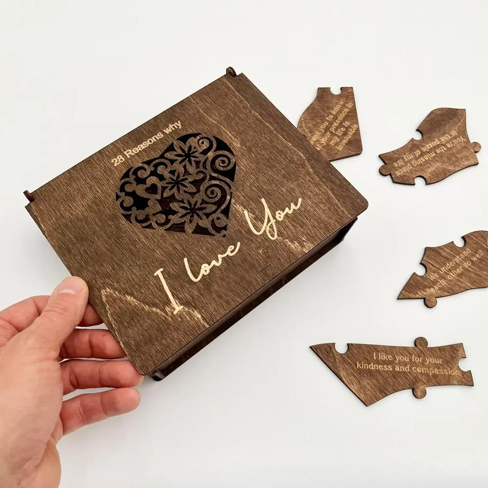 Wooden Heart Puzzle, 1 Box Romantic 28 Reasons Why I Love You Wooden Heart Puzzle with Box, Gift for Lovers, Valentine's Day Gift, Wooden Puzzles