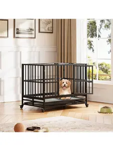 Black-L Heavy Duty Dog Crate, Foldable Dog Crate With Double Door, 360° Lockable Wheels And Removable Tray, Easy To Clean And Assembly, Indoor Dog Cage For Small Medium Large Dogs