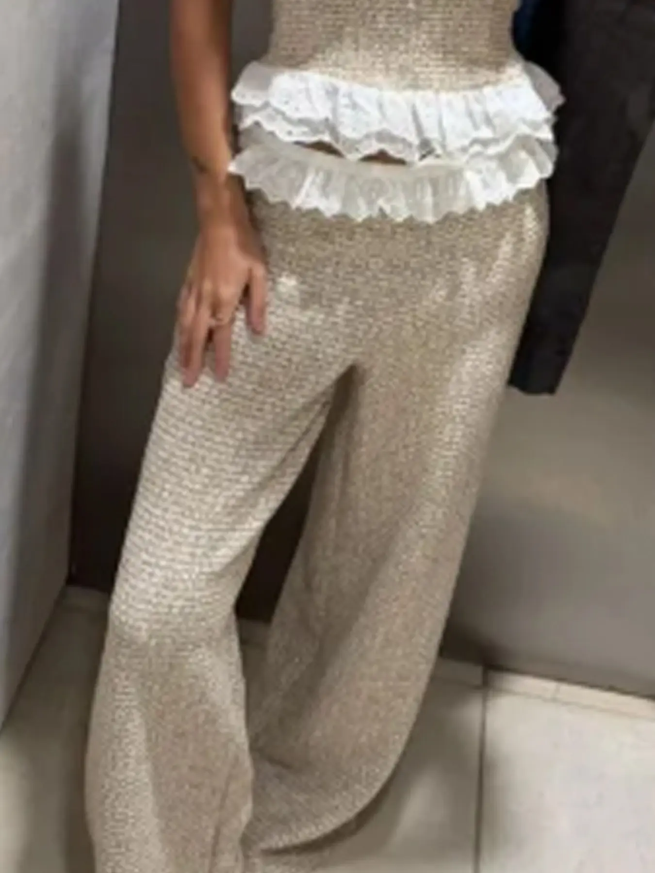 Women's Elegant Texture Baggy Lace Pants Spring Summer 2026 Ladies Fashion Khaki High-Waist Straight Leg Wide Leg Pants Korean Minimalist Romantic Weekend Hangouts Trousers