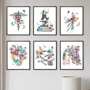 6PCS/set Unframed Watercolor Medical Art Poster, Wand Art Medical Cross Art Stick Asclepius Art Stethoscope, Syringe, Microscope Science Art Doctor Gifts, Unframed Art Print