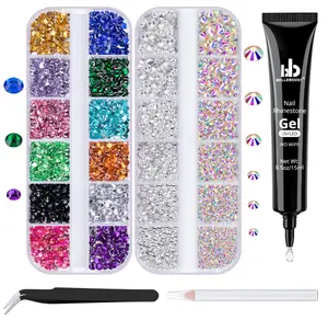 BELLEBOOST Nail Art Rhinestone Kit, 15ml Rhinestone Gel Glue+Colorful Gems+Flatback Glass Crystal AB&Clear Gemstones with Pickup Tools for Bedazzling Nail and Face Makeup