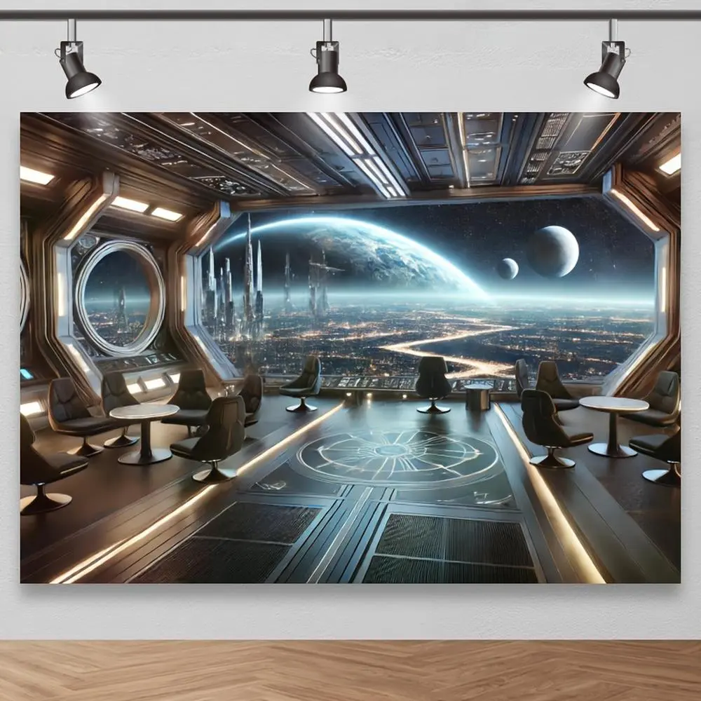 Polyester Futuristic Space Station Observation Deck Backdrop Banner, Sci-Fi Earth and Planets View, Ideal for Thematic Photo Shoots, Happy Birthday Party Decor