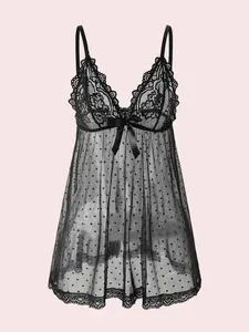 Sexy Sheer Nightdress, Adjustable Straps Lace Nightgown, Lightweight and Breathable Sexy Deep V Neck Lace Lingerie, Sheer Lace Polka Dot Babydoll Dress