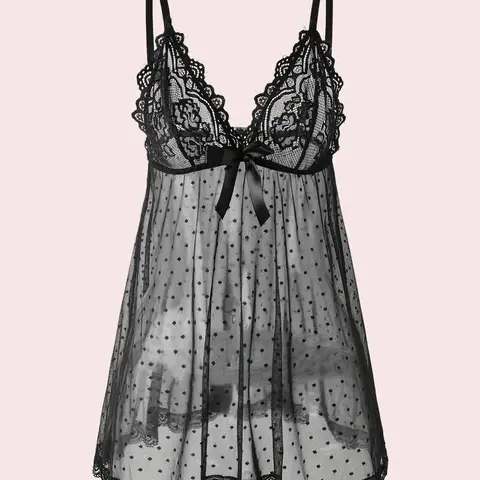Women's Sexy Chic Sheer Polka Dot Lace Nightdress - Adjustable Straps, Deep V-Neck, Lightweight Breathable Loungewear Nightwear Cute Babydoll Lingerie