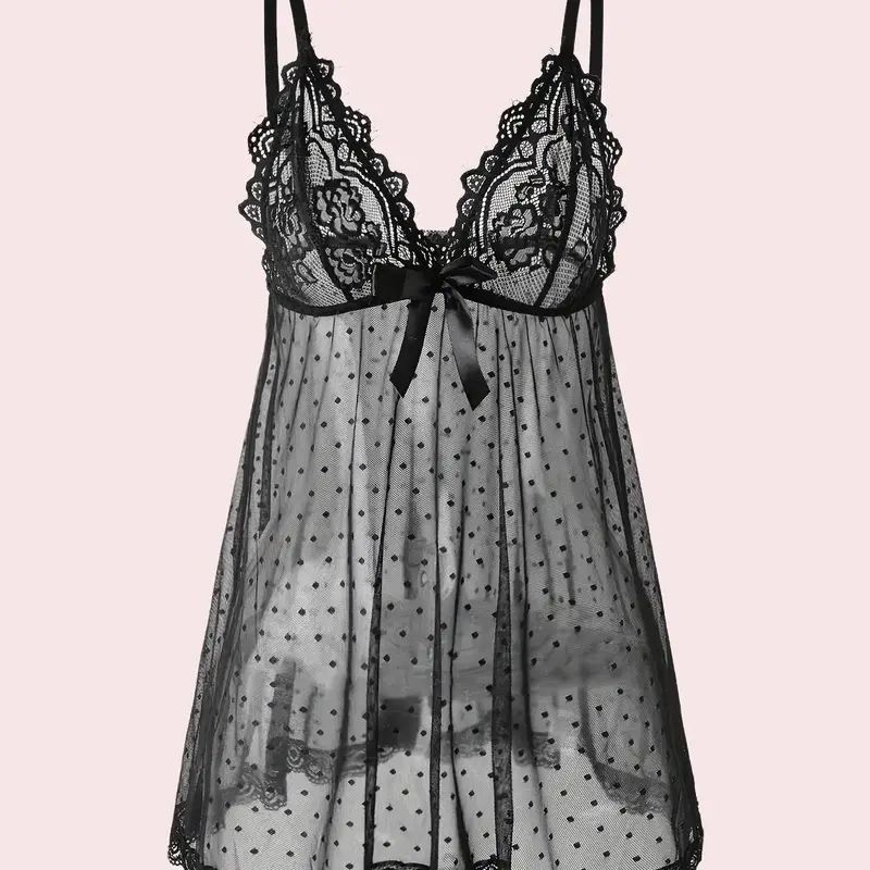Women's Sexy Chic Sheer Polka Dot Lace Nightdress - Adjustable Straps, Deep V-Neck, Lightweight Breathable Loungewear Nightwear Cute Babydoll Lingerie