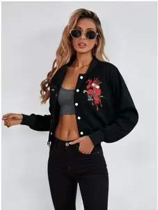 Trendy high street women's denim jacket slim fit versatile casual short print jacket black fashionable women's top