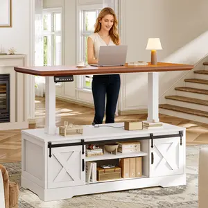 SEDETA 47.2" Farmhouse Lift Top Coffee Table Electric Standing with Storage Power Outlet Sliding Barn Door Height Adjustable for Living Room