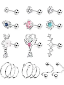 Exquisite 17 Pcs Silvery Fashionable Ear Hoops Studs 16G Stainless Steel Helix Cartilage Earrings for Women Men Trendy Helix Tragus Stud Earrings Hoops for Women Men Labret Barbell Heart Flower Eye Hoop Dazzling CZ Helix Conch Daith Piercing Jewelry Set