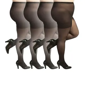 Plus Size Pantyhose for Women Soft Sheer Queen Tights 4 Pairs (Black 1x-2x)