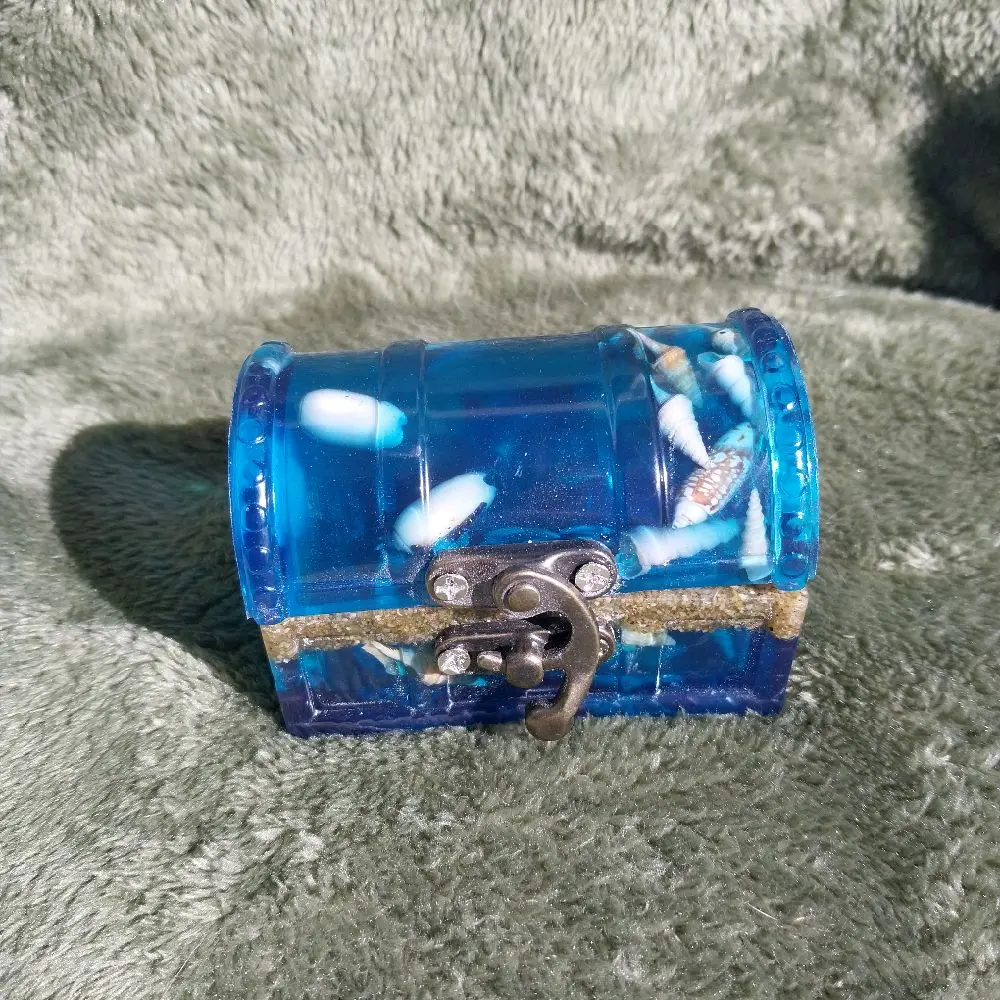 Epoxy Resin Mini Treasure Chest/Jewelry Box with Metal Latch, Real Beach Sand & Sea Shells, Blue Pigmented, Rectangle Design for Keepsakes