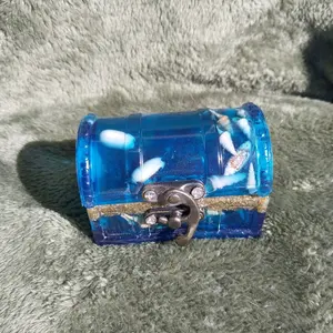 Epoxy Resin Mini Treasure Chest/Jewelry Box with Metal Latch, Real Beach Sand & Sea Shells, Blue Pigmented, Rectangle Design for Keepsakes