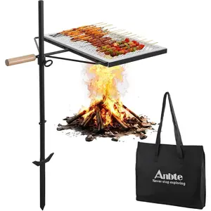 Anbte 35" Swivel Campfire Grill Grate, 360° Adjustable Heavy Duty Chrome-Plated Steel Fire Pit Grill with Carry Bag, Portable for Camping Backyard Outdoor BBQ Cooking Open Fire