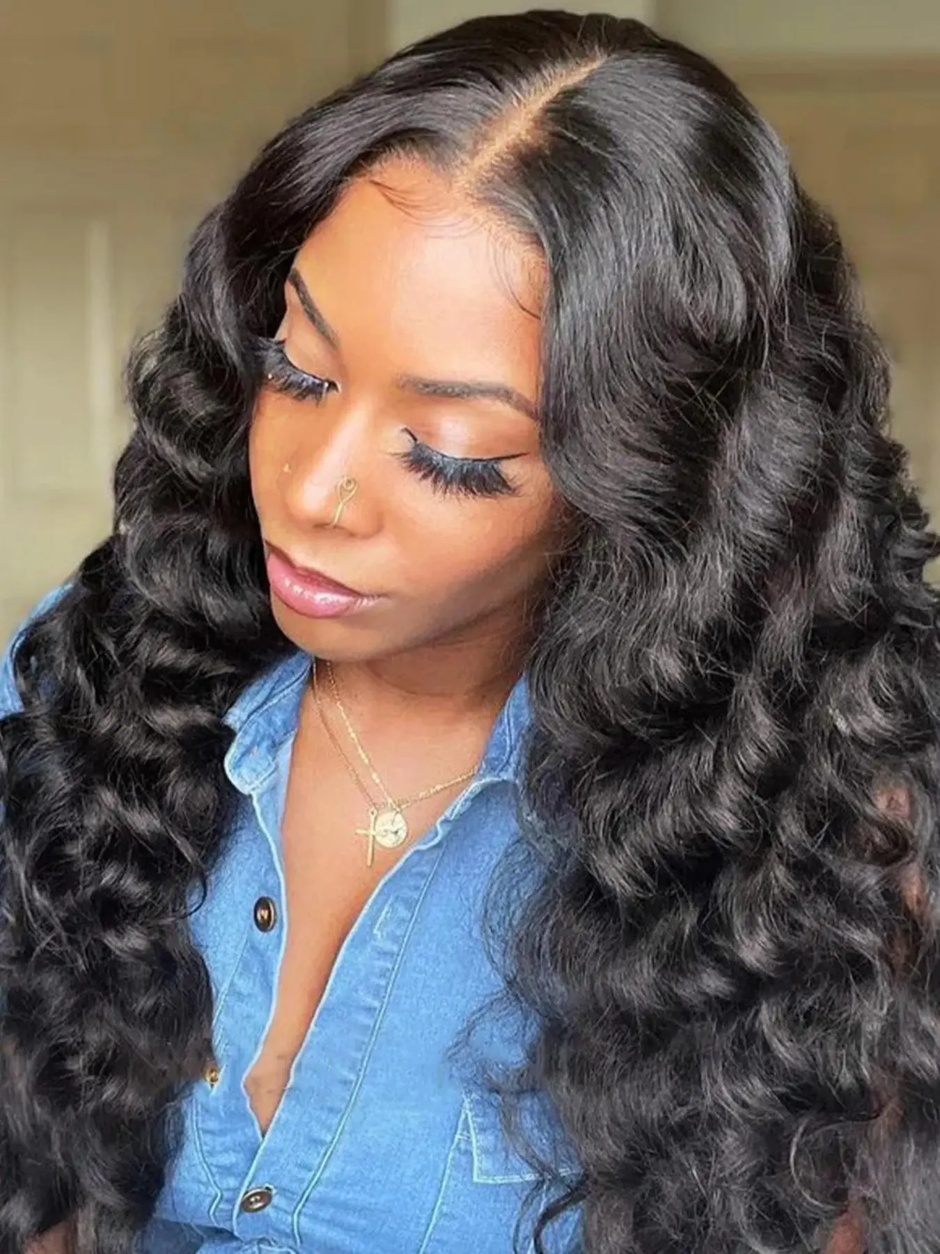 4x4 18inch Loose Deep Wave Natural Black Pre Cut Lace Closure Human Hair Wig with Breathable Cap For Women