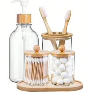 5 Pack Bamboo Bathroom Accessories Set With Tray, Plastic Soap Dispenser, Clear Toothbrush Holder And 2 Qtip Holder Cotton Ball Container Jar